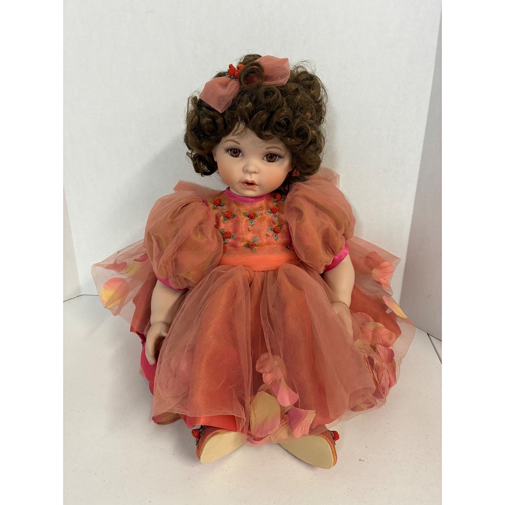 Marie Osmond Porcelain Collector Doll Brunette Pink Coral Petal Dress Seated